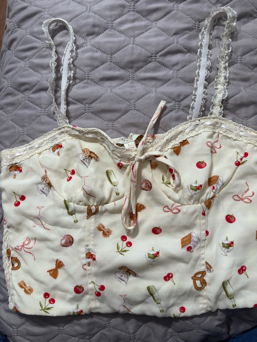 Cream Cherry & Pastry Print Lace-Trim Cami